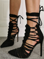 Talons hauts à lacets bout pointu talon aiguille bohème grande taille noir femmes pompes