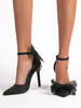 Talons hauts noirs pour femmes talon aiguille bout pointu PU cuir bride à la cheville talons