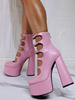 Talons hauts pour femmes plates-formes géométriques pompes bout rond talon épais rose bottines en cuir PU
