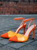 Talons hauts pour femmes talon aiguille bout pointu cuir PU orange talons bride à la cheville
