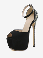 Talons hauts sexy pour femmes Plateforme noire Strass Peep Toe Talon aiguille Micro Suède Escarpins supérieurs