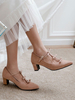 Talons mi-bas pour femmes bout pointu perles roses talons épais sans lacets en daim élégants arcs escarpins de type T