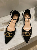 Talons mi-bas pour femmes Chic bout pointu Talon épais Détails métalliques élégants Talons noirs à bride à la cheville