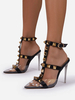 Talons noirs à bride en T Bout pointu Talon aiguille Cuir verni Rivets PC transparents Sandales sexy