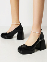 Talons Pour Femmes Talon Chunky Chaînes En Cuir PU Glisser Sur Des Escarpins Noirs Talons À Bride À La Cheville