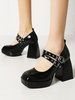 Talons Pour Femmes Talon Chunky Sangle À Bout Carré Réglable En Cuir PU Escarpins Noirs