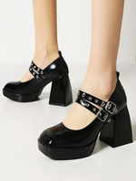 Talons Pour Femmes Talon Chunky Sangle À Bout Carré Réglable En Cuir PU Escarpins Noirs