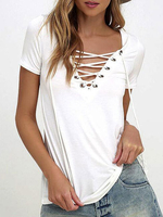 Tee-shirt 2021 Charmant T-shirt en coton mélangé unicolore avec lacets croisé avant col V manches courtes