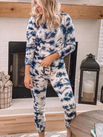 Tenue dintérieur pour femme 2 pièces bleu col bijou à manches longues en polyester et coton