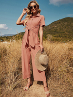 Tenue dété large une pièce dété avec col rabattu rose blush manches courtes à lacets en polyester noué