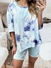 Tenue de détente pour femme 2 pièces bleu col bijou à manches longues en polyester et coton