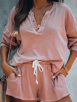 Tenue de détente pour femme 2 pièces rose col bijou à manches longues en polyester tenue de maison