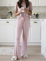 Tenue de détente pour femme 2 pièces rose manches longues col bijou en coton