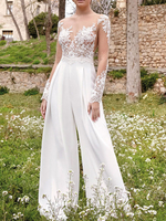 Tenue mariage femme combinaison blanche col rond top en dentelle manche longue transparente