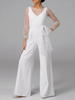 Tenue mariage femme combinaison mariée col V manche longue transparent blanche