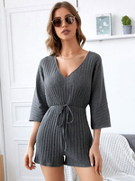 Tenue une pièce dété en polyester gris à col en V et manches 3/4 à lacets