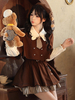 Tenues académiques Lolita Café Marron Plaid Volants Manches Longues Jupe Cape