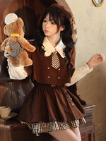 Tenues académiques Lolita Café Marron Plaid Volants Manches Longues Jupe Cape