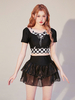 Tenues gothiques Lolita chaînes à plusieurs niveaux noires jupe à carreaux manches courtes haut et pantalon