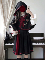 Tenues gothiques Lolita Jupe à manches longues et cape en jacquard noir avec nœuds