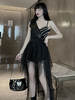 Tenues gothiques Lolita Sexy Cami Top jupe longue noire 2 pièces ensemble à plusieurs niveaux deux tons tenue décontractée Lolita tenue