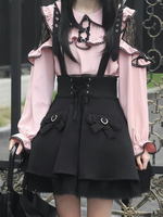 Tenues gothiques Lolita volants roses nœuds en dentelle manches longues jupe chemisier