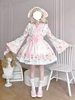 Tenues Kimono Lolita Bleu Ciel Clair Dentelle Nœuds Volants Imprimé Floral Manches Longues Tablier Jupe Haut