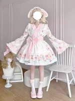 Tenues Kimono Lolita Bleu Ciel Clair Dentelle Nœuds Volants Imprimé Floral Manches Longues Tablier Jupe Haut