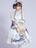 Tenues Lolita de Style chinois ensemble léger de 4 pièces bleu ciel filets de dentelle arcs manches longues pull jupe bowknot tour de cou tenue Lolita