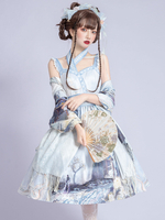Tenues Lolita de Style chinois ensemble léger de 4 pièces bleu ciel filets de dentelle arcs manches longues pull jupe bowknot tour de cou tenue Lolita
