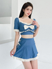 Tenues Lolita douces nœuds bleus volants bloc de couleurs manches courtes jupe pantalon haut