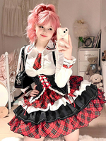 Tenues Steampunk Lolita Jupe à Manches Longues à Volants à Carreaux Rouges à Lacets