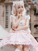 Tenues Sweet Lolita Haut sans manches à volants roses et à rayures avec nœuds et jupe