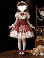 Tenues Sweet Lolita Rouge Imprimé Floral Nœuds Volants Manches Courtes Haut Jupe