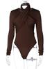 Top Body Femmes Moulants avec Manches Longues à Col Rond à Lacets Coupe Cintrée Unicolore