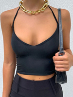 Top cami noir pour femmes licou sans manches à lacets découpes en polyester hauts sexy