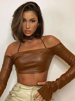 Top Cami Sexy Pour Femmes Col Bateau Manches Longues Découpés En Cuir PU Brun Tops Dété