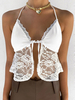 Top caraco blanc pour femme licou dentelle plissée volants découpes fendues Polyester dentelle haut licou