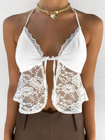 Top caraco blanc pour femme licou dentelle plissée volants découpes fendues Polyester dentelle haut licou