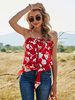 Top caraco pour femme sans manches en polyester rouge imprimé floral surdimensionné noué à lacets à col bijou t-shirt