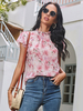 Top Chemisie Imprimé Fleurie en Mousseline Court à Col Montant avec Manches Courtes Volantes Bicolores Top Blouse Chemisier