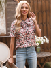 Top Chemisier Blouse Imprimé Fleurie Court à Col Rond à Lacets avec Manches Courtes Amples Multicolores