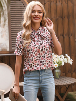 Top Chemisier Blouse Imprimé Fleurie Court à Col Rond à Lacets avec Manches Courtes Amples Multicolores