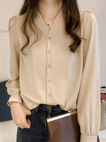 Top Chemisier en Mousseline Femme à Col V avec Manches Longues Amples avec Boutons Unicolore Top Sexy Blouse
