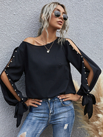 Top Chemisier Femmes à Col Rond avec Manches Longues à Lacets Décos avec Paillettes avec Epaules Nues Bicolores Sexy