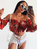 Top Chemisier Femmes Imprimés Les Fleurs Tailles Hautes avec Manches Longues Amples à Lacets Sexy