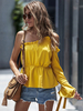 Top Chemisier Femmes Taille Haute avec Manches Longues Volantes avec Epaules Nues Coupe Cintrée Elastique unicolore