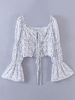 Top Chemisier Femmes Taille Haute Court Imprimé Les Fleurs à Col Carré à Lacets avec Manches Longues Amples Bicolores