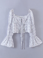 Top Chemisier Femmes Taille Haute Court Imprimé Les Fleurs à Col Carré à Lacets avec Manches Longues Amples Bicolores
