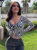 Top Chemisier Femmes Taille Haute Imprimé Animal en Pois Bicolores à Col V avec Manches Longues Sexy Top Chemisier